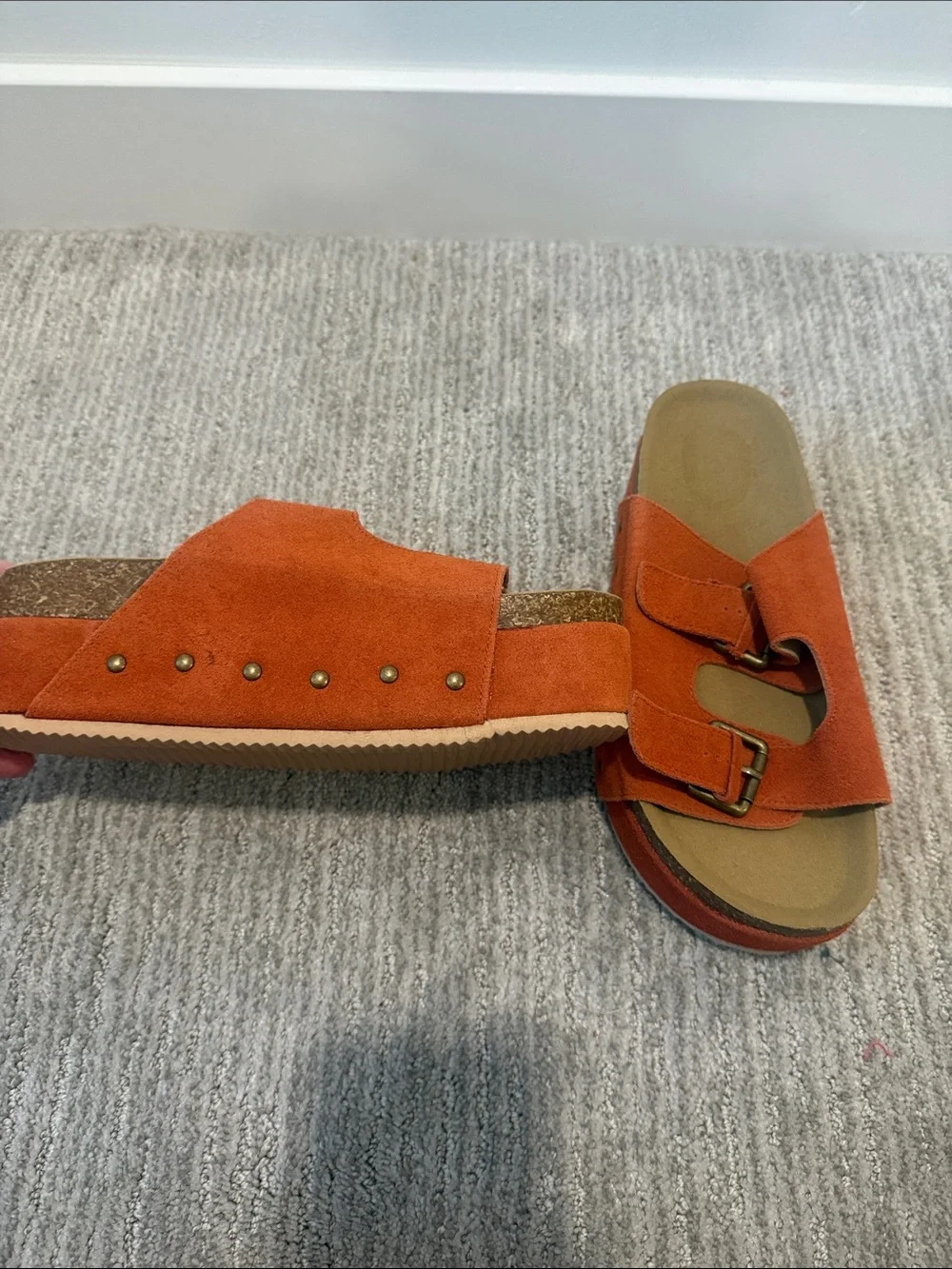Suede Double-Buckle Slide Sandals - Orange